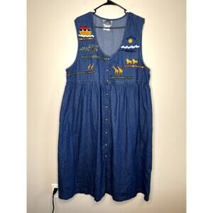 1990s Talk of America Noah's Ark Bible Story Church Denim Jumper Maxi Dress 1X